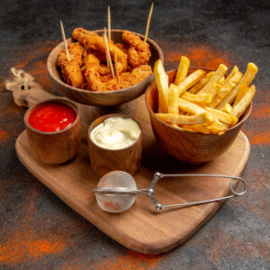 Chicken and chips with ketchup